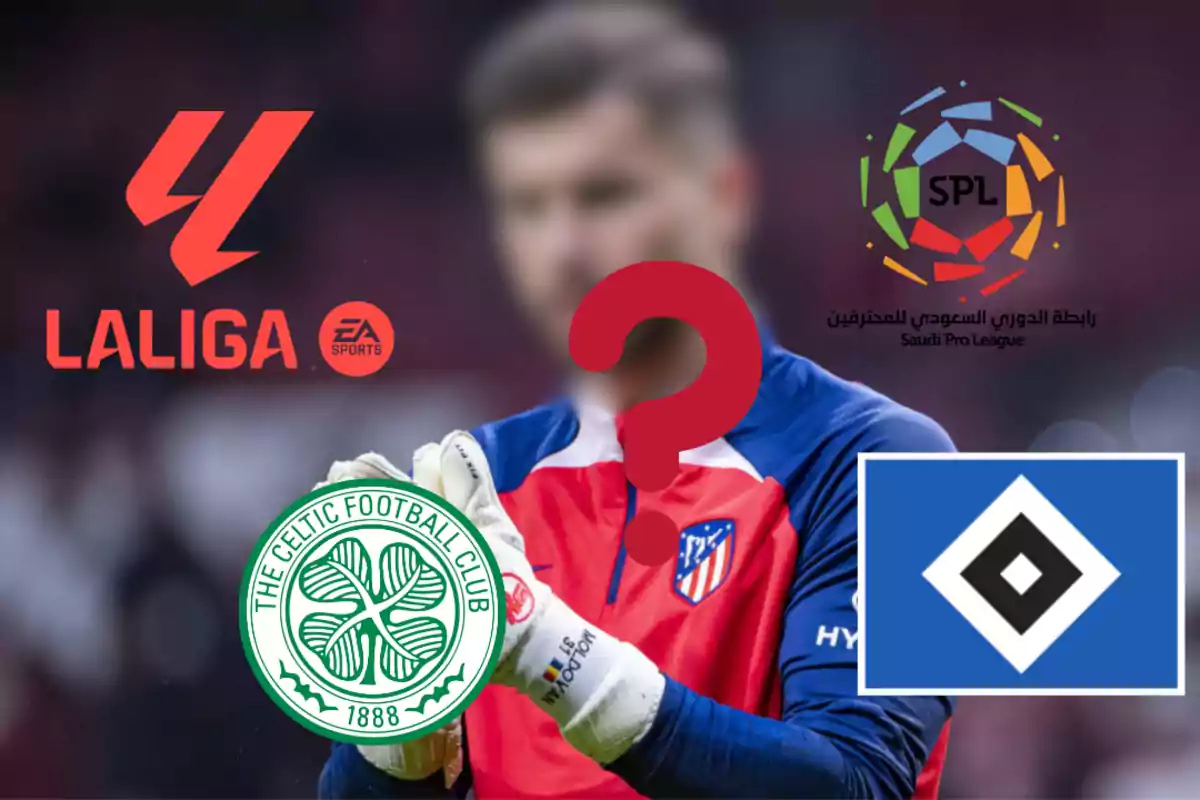 The image shows a football player with his face blurred, surrounded by the logos of LaLiga, the Saudi Pro League, Celtic Football Club and Hamburger SV, with a question mark in the centre.