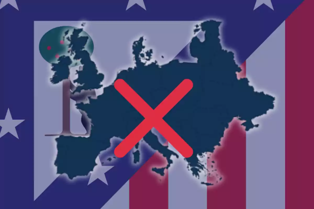 Map of Europe with a large red X on it, superimposed over a stars and stripes flag.