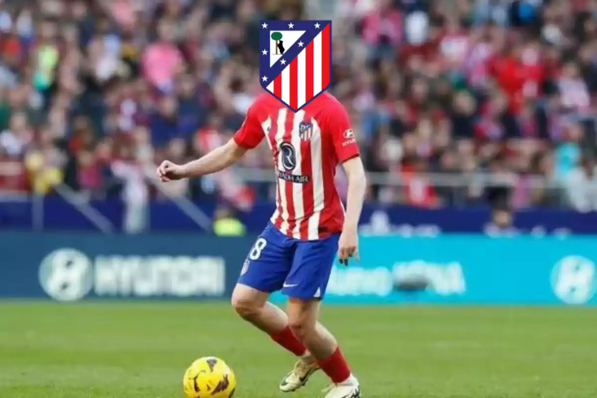 A football player wearing an Atlético de Madrid uniform on the pitch, with the team's crest replacing his face.