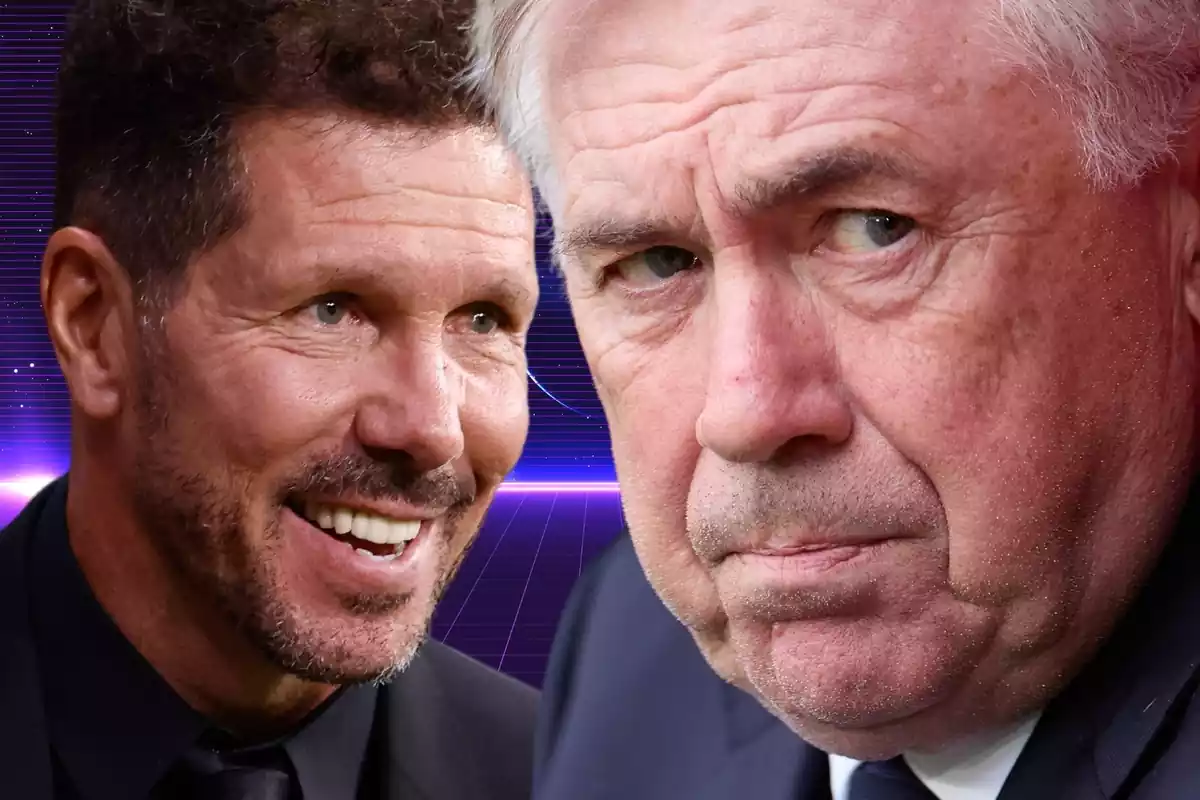 Carlo Ancelotti and Simeone face to face in an image with a lilac background