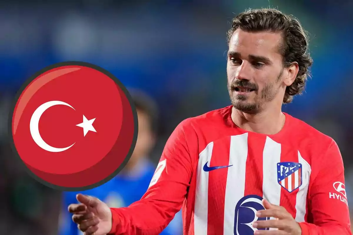 Football player wearing an Atletico Madrid shirt next to a graphic of the Turkish flag.