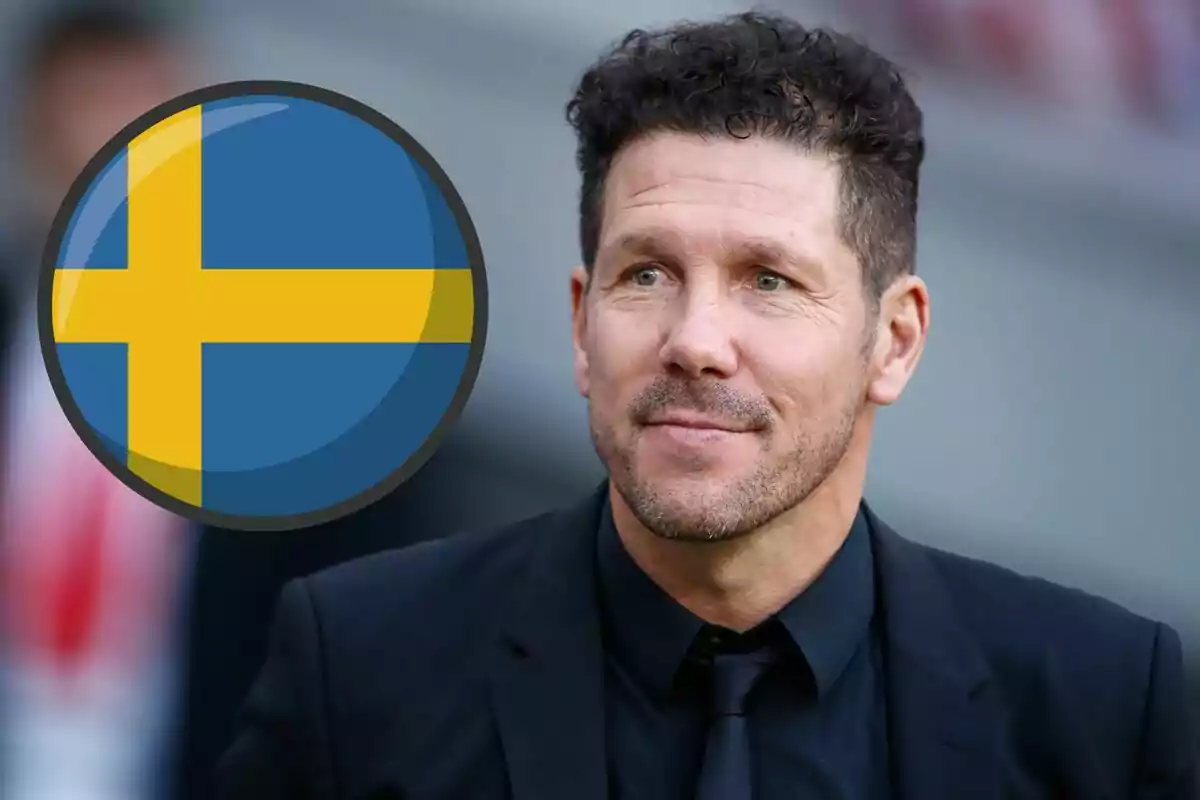 Man in black suit and black tie next to a circle with the Swedish flag.