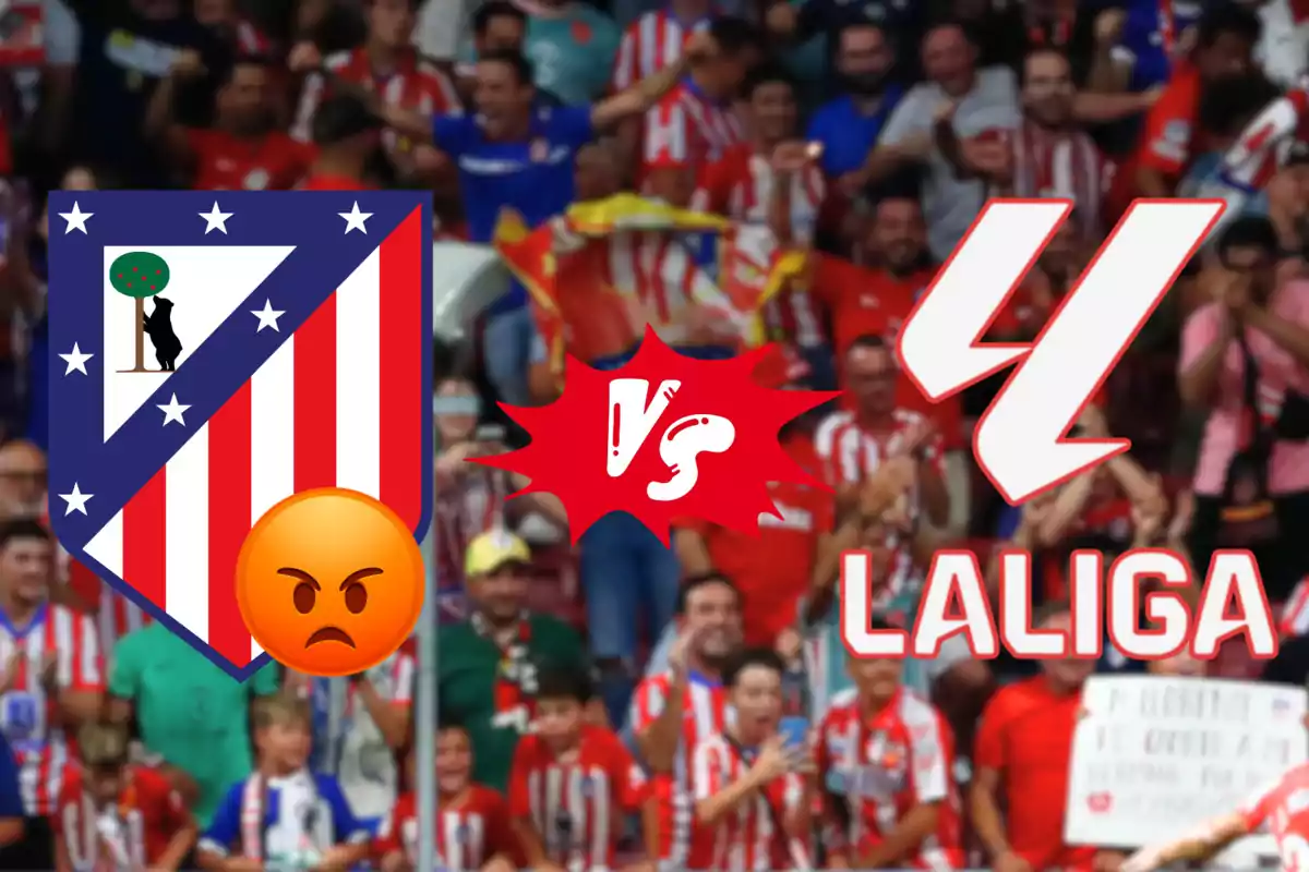 Image of a football match between Atlético de Madrid and La Liga, with an angry emoji in the centre and a crowd of fans in the background.