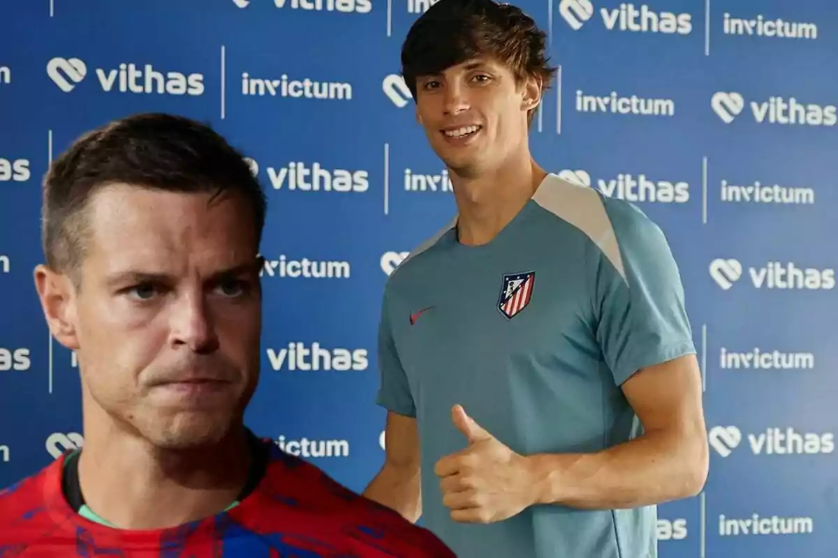 Two soccer players pose in front of a background with "vithas" and "invictum" logos.