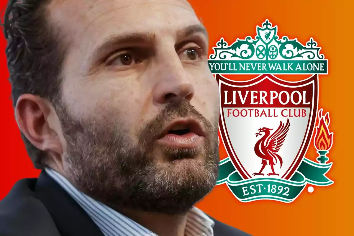 A man with a beard and short hair in front of the Liverpool Football Club logo with a red to orange gradient background.