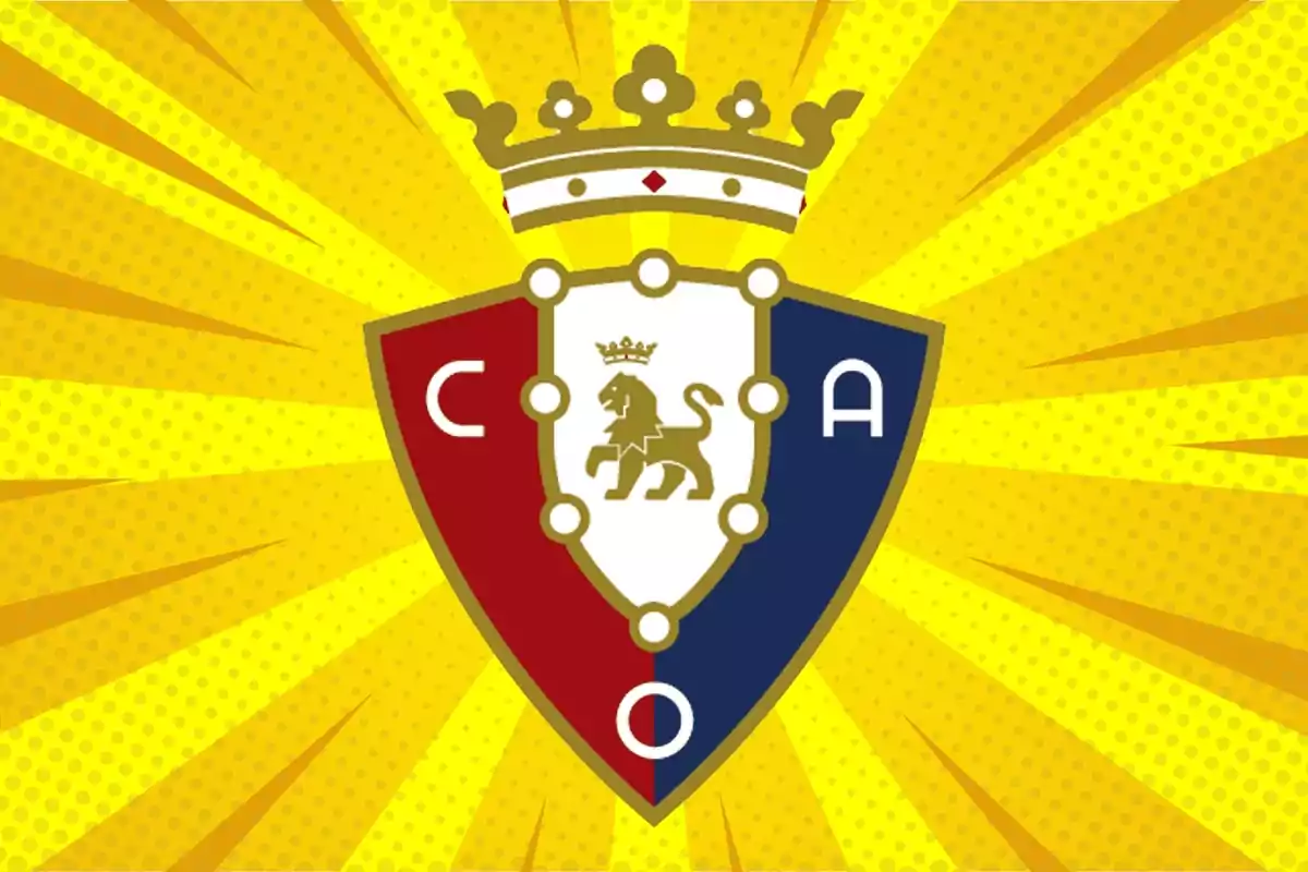 Shield of a football team with yellow background and rays.