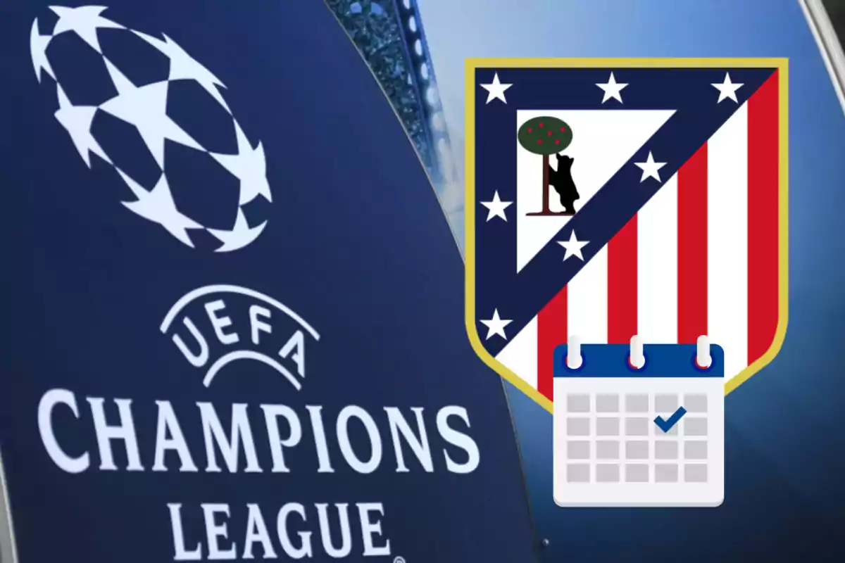 UEFA Champions League logo next to the Atlético de Madrid crest and a calendar icon.