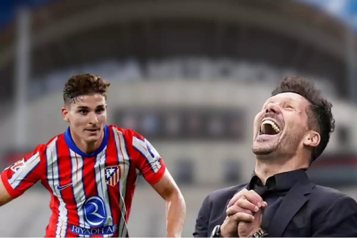 A football player in Atlético de Madrid uniform and a man laughing in the background of a stadium.