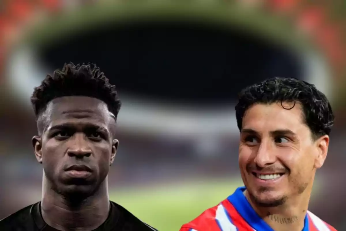 Two soccer players wearing jerseys from different teams, one with a serious expression and the other smiling, with a blurred stadium in the background.