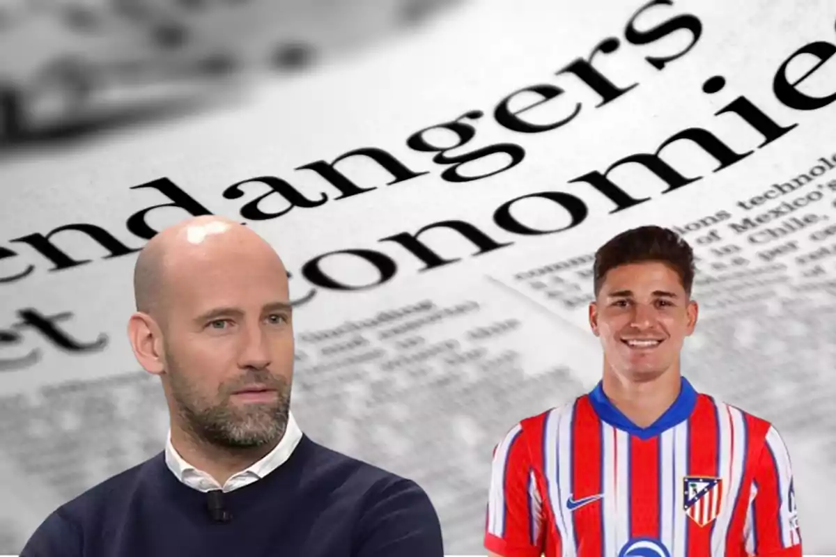 Two men, one with a beard and the other wearing an Atlético de Madrid football shirt, in front of a newspaper background.