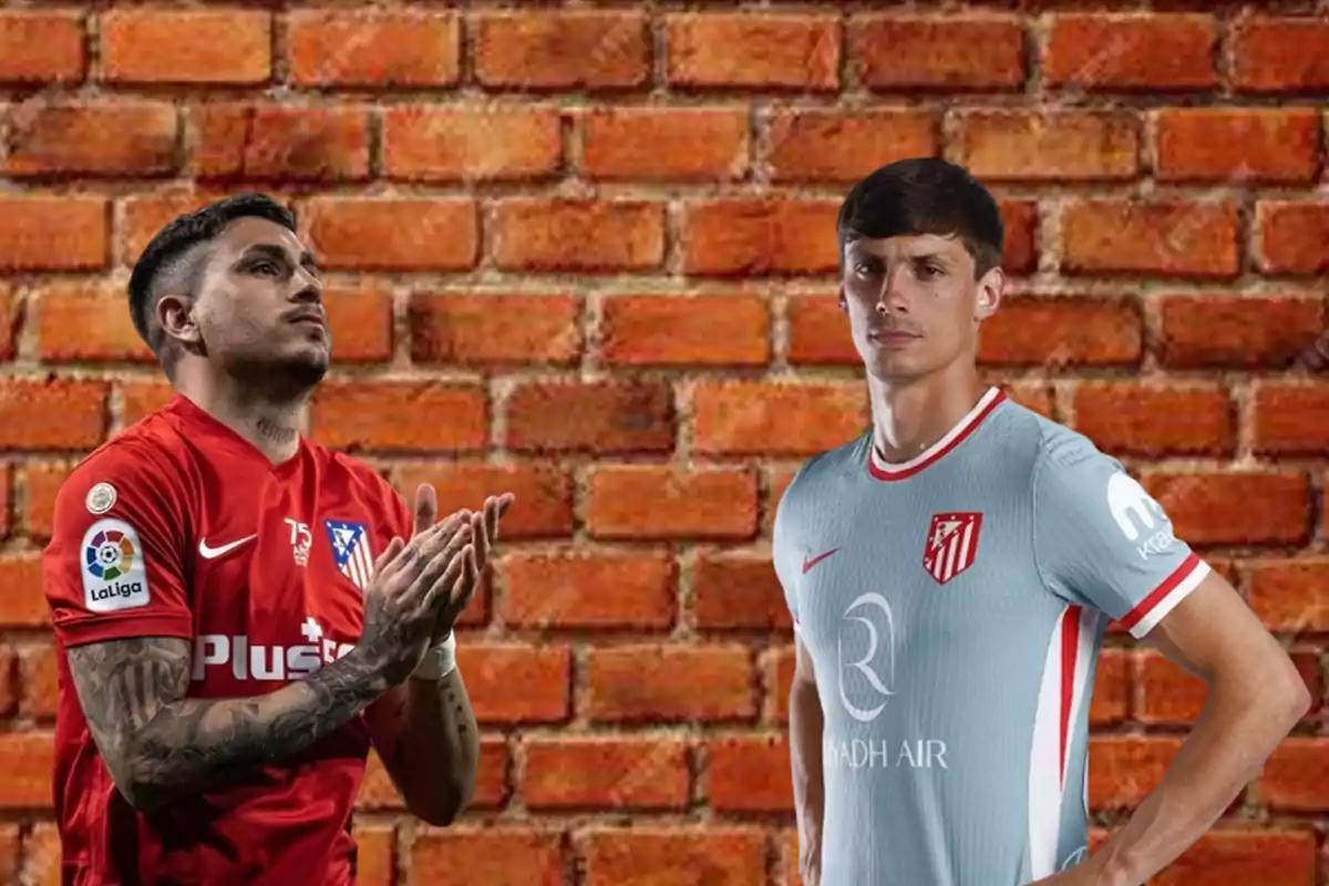 Two Atlético de Madrid players pose in front of a brick background, one in a red uniform and the other in a grey uniform.