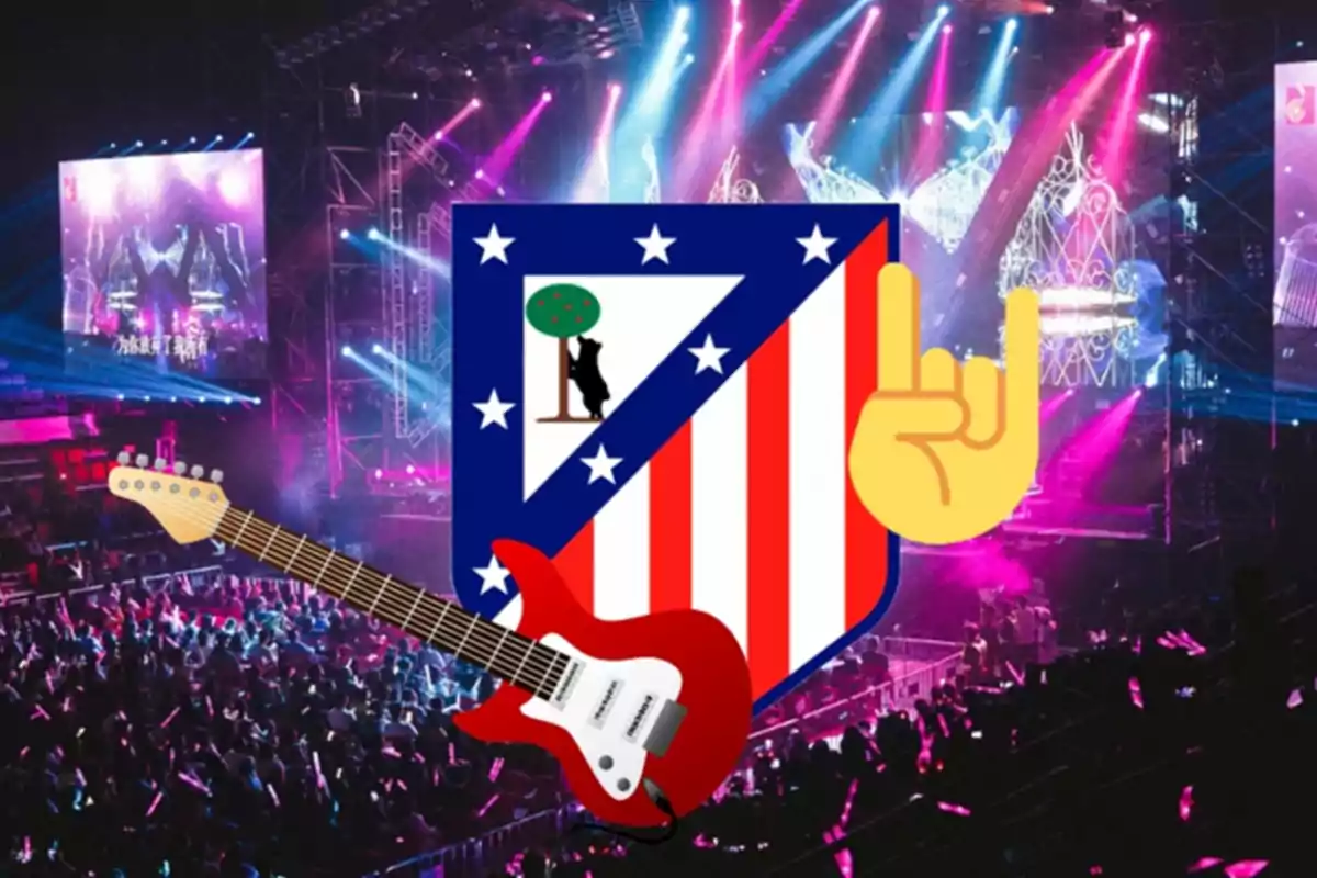 A concert with colored lights and a crowd, with the Atlético de Madrid crest, a red electric guitar and a hand emoji making the rock gesture.