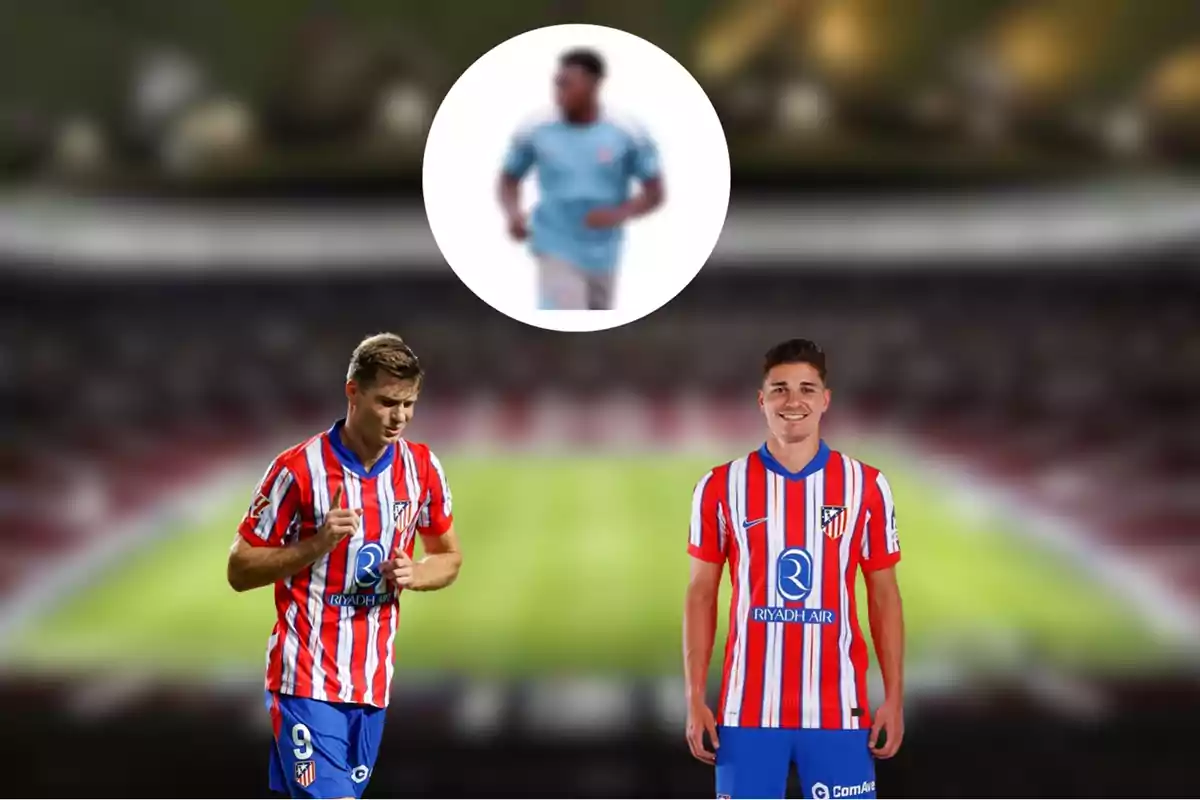 Two football players wearing Atlético de Madrid uniforms pose in a stadium, while a circle at the top shows another out-of-focus player wearing a light blue shirt.