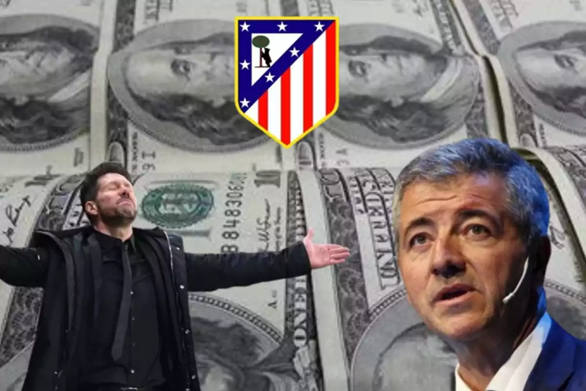 Two men, one with his arms outstretched and the other holding a microphone, against a background of hundred-dollar bills and the Atlético de Madrid crest.