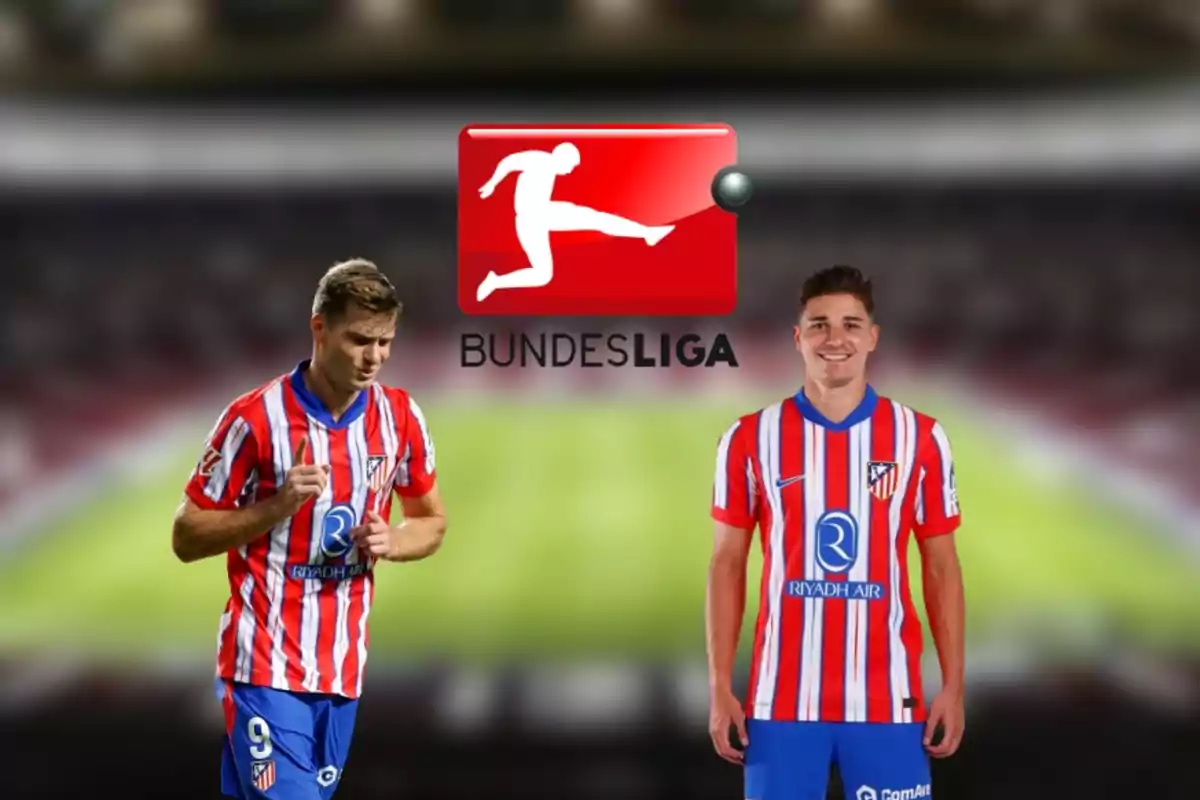 Two football players in Atlético de Madrid uniforms with the Bundesliga logo in the centre.