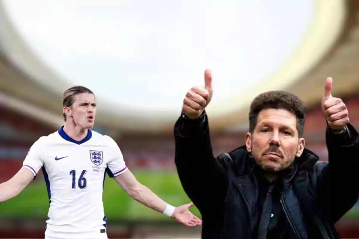 A football player in an England shirt and a coach giving both thumbs up in a stadium.