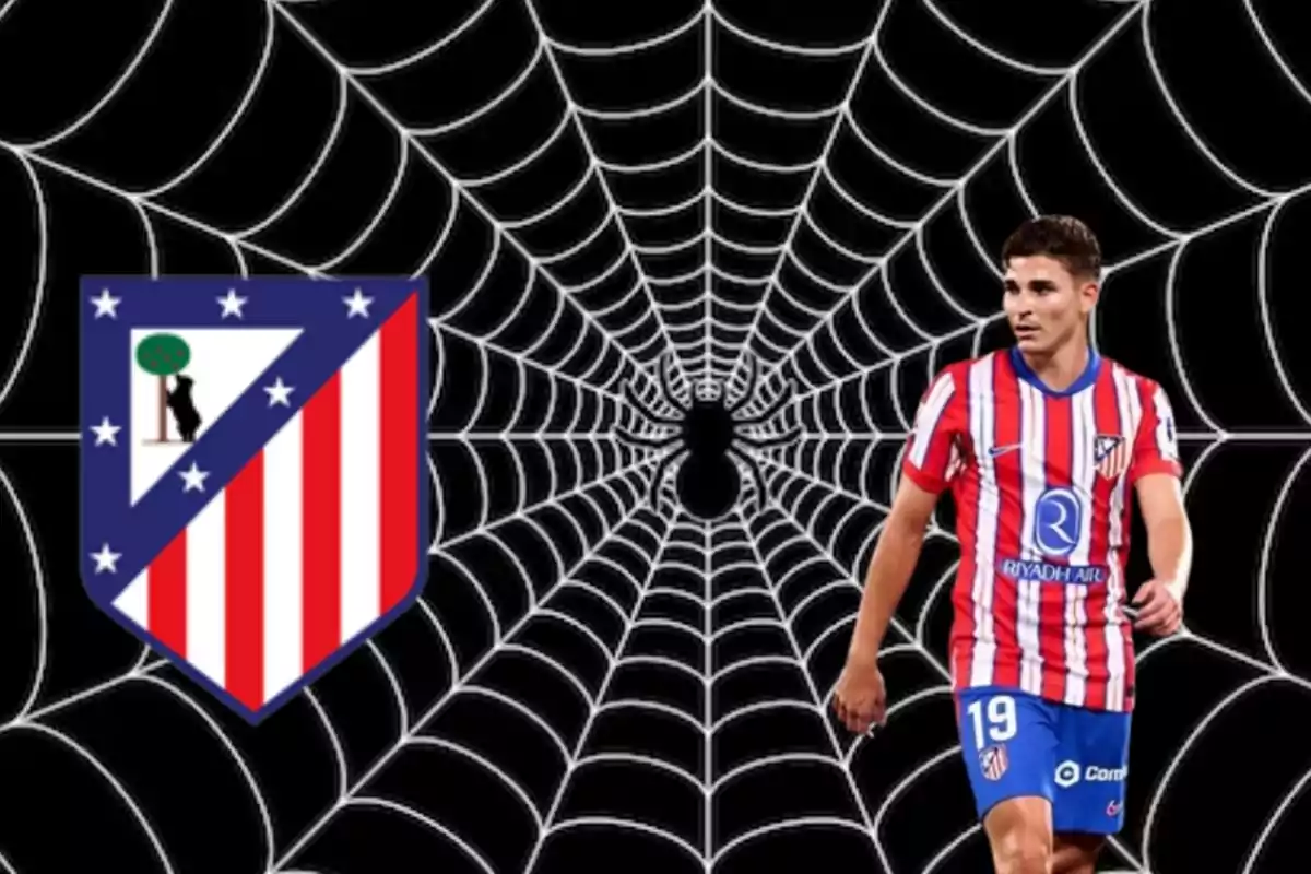 Atlético de Madrid player with spider web background and team crest.