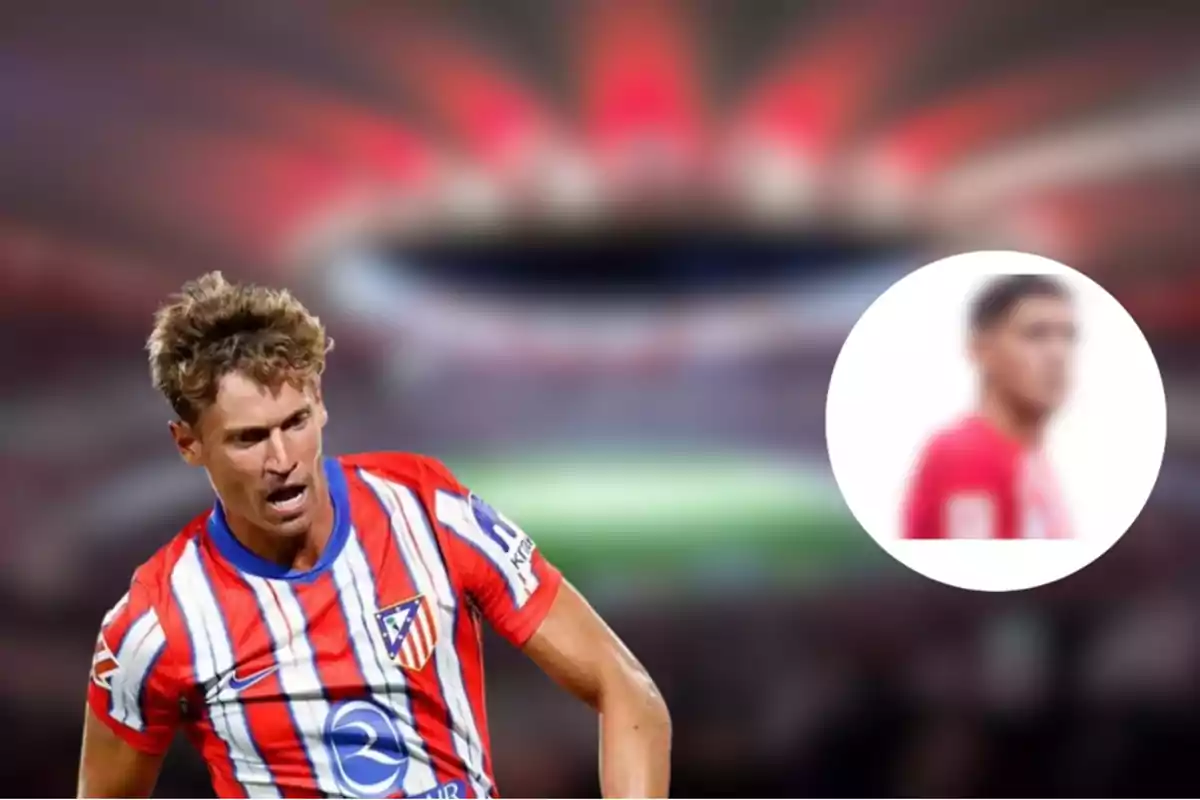 A football player wearing an Atlético de Madrid shirt in the foreground and a blurred stadium in the background, with a circle containing the blurred image of another player.