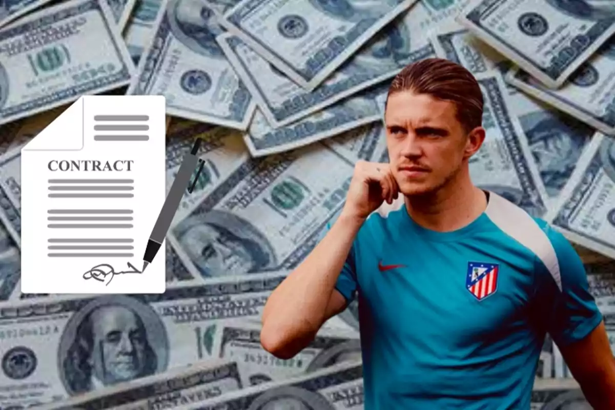 A soccer player wearing an Atlético de Madrid shirt, a contract and dollar bills in the background.