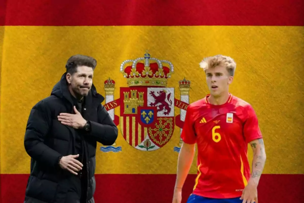 A coach and a football player with the Spanish flag in the background.