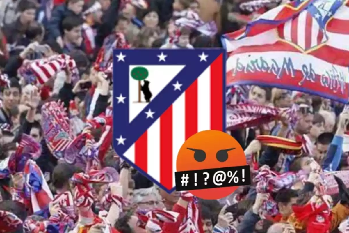 A crowd of people wearing Atlético de Madrid scarves and flags, with the team's crest and an angry emoji superimposed on it.