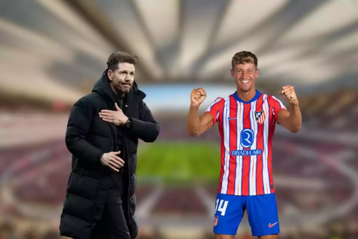 A football coach in a black coat and a player in an Atlético de Madrid uniform celebrating in a stadium.