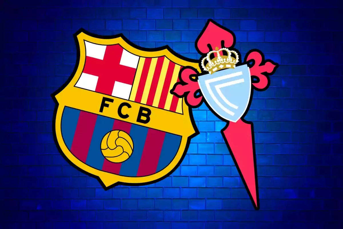 Shields of the football teams FC Barcelona and Celta de Vigo on a background of blue bricks.