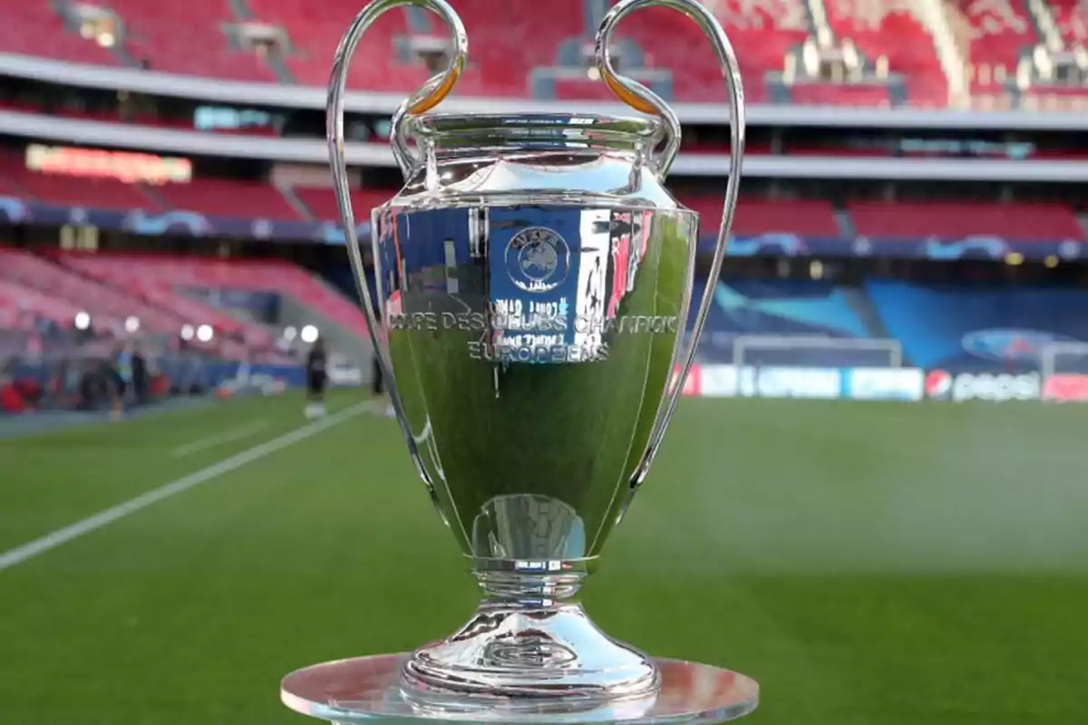 UEFA Champions League trophy on the football field.