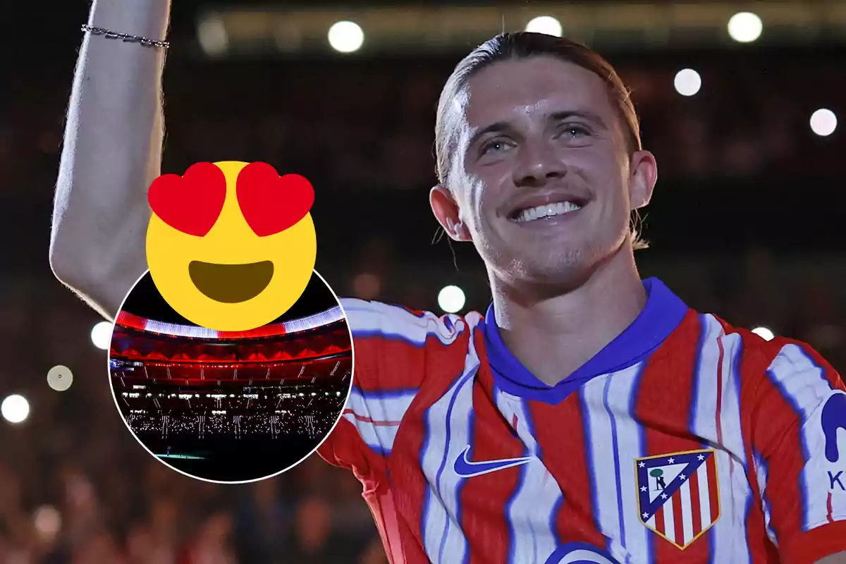 A soccer player wearing an Atlético de Madrid shirt smiles and raises his arm, with a heart-shaped face emoji and an image of the stadium in the background.