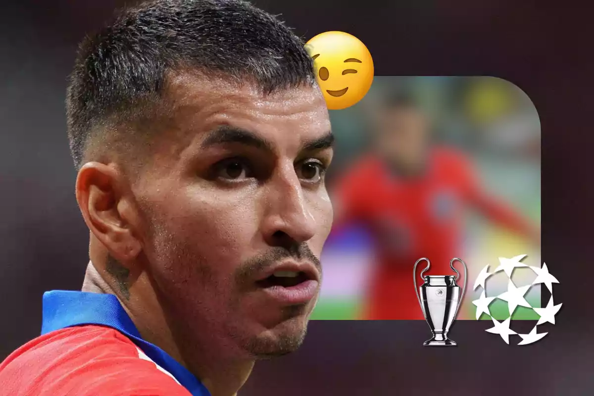 A soccer player in a red and blue jersey, with a winking emoji above his head and two UEFA Champions League trophies in the bottom right corner.