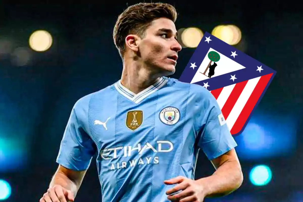 A soccer player wearing the Manchester City shirt and the Atlético de Madrid shield in the background.