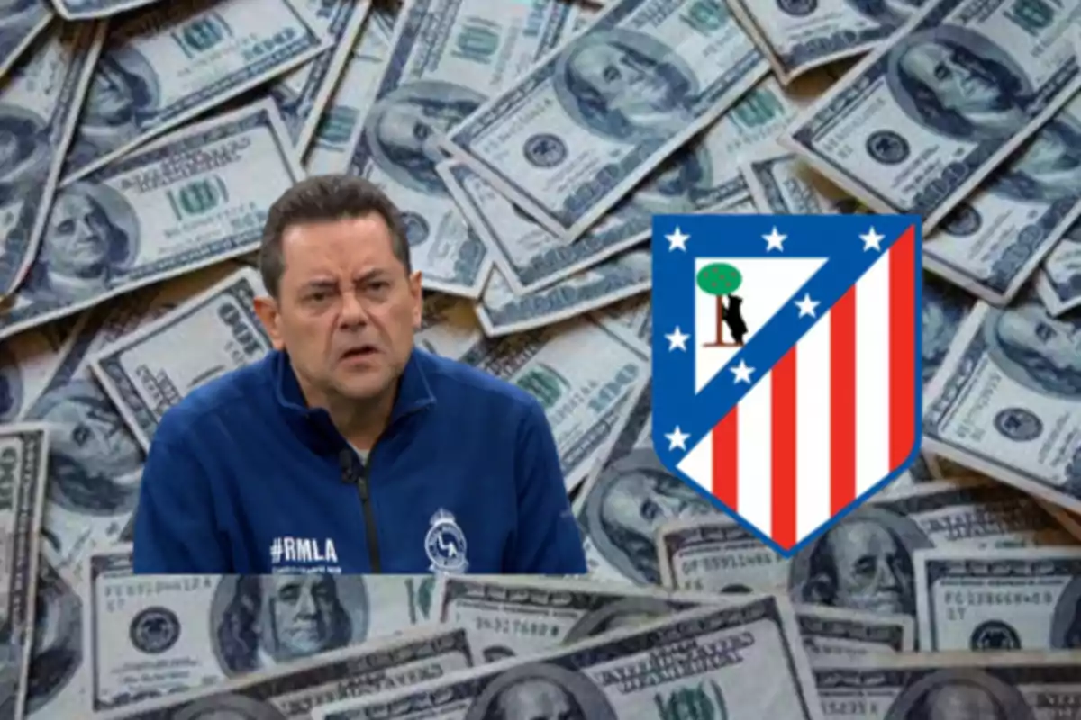 A man in a blue jacket appears in front of a background of hundred-dollar bills and next to the Atlético de Madrid shield.