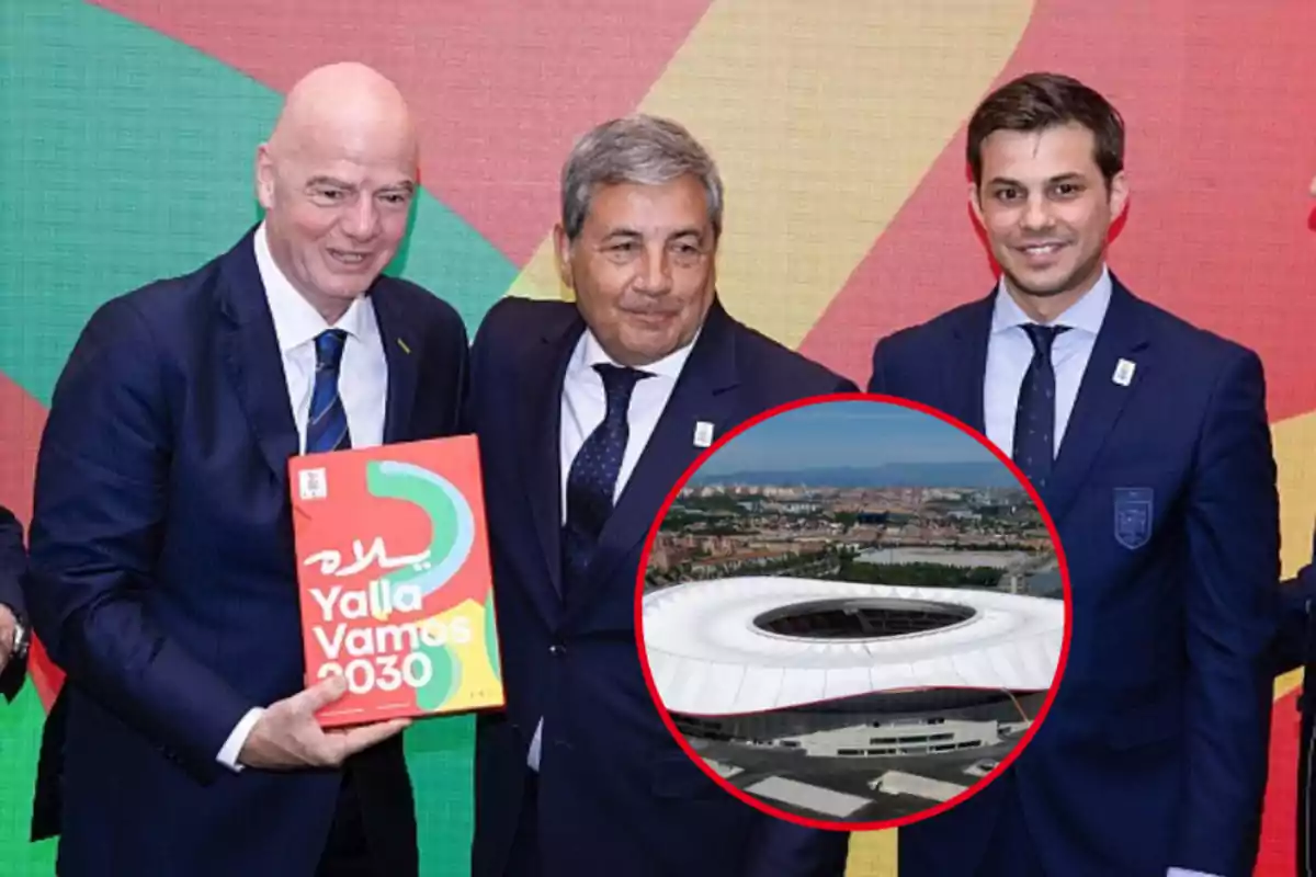 Three men in formal suits pose for a photo, one of them holding a sign that says "Yalla Vamos 2030"; In the lower right corner is a circular image of a stadium.