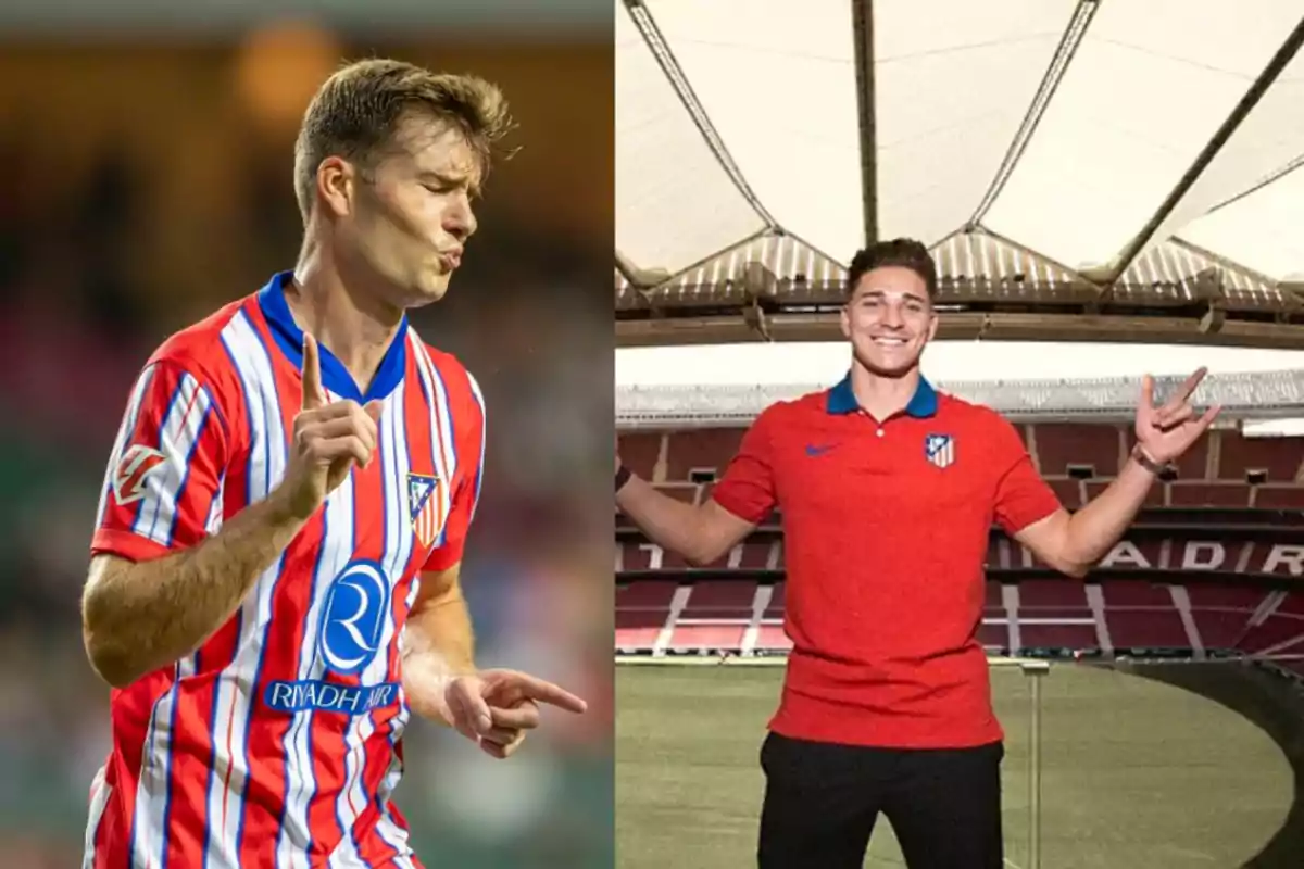 Two Atlético de Madrid players, one celebrating on the pitch and the other posing in the stadium.