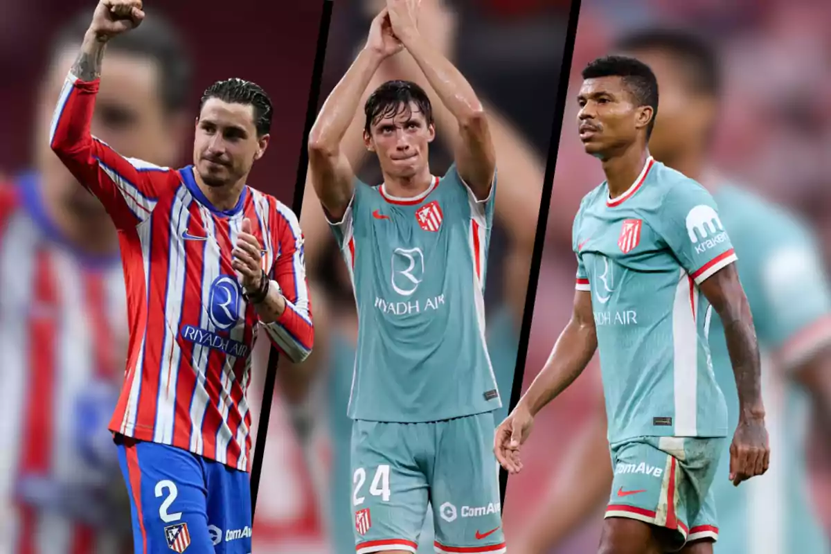 Three Atlético de Madrid football players, one in a home kit and two in an away kit, in different poses during a match.