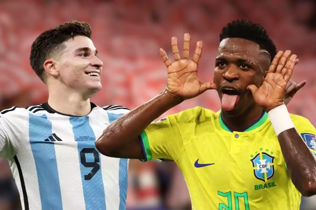 Two soccer players, one wearing an Argentina shirt and the other wearing a Brazil shirt, celebrate on the field.