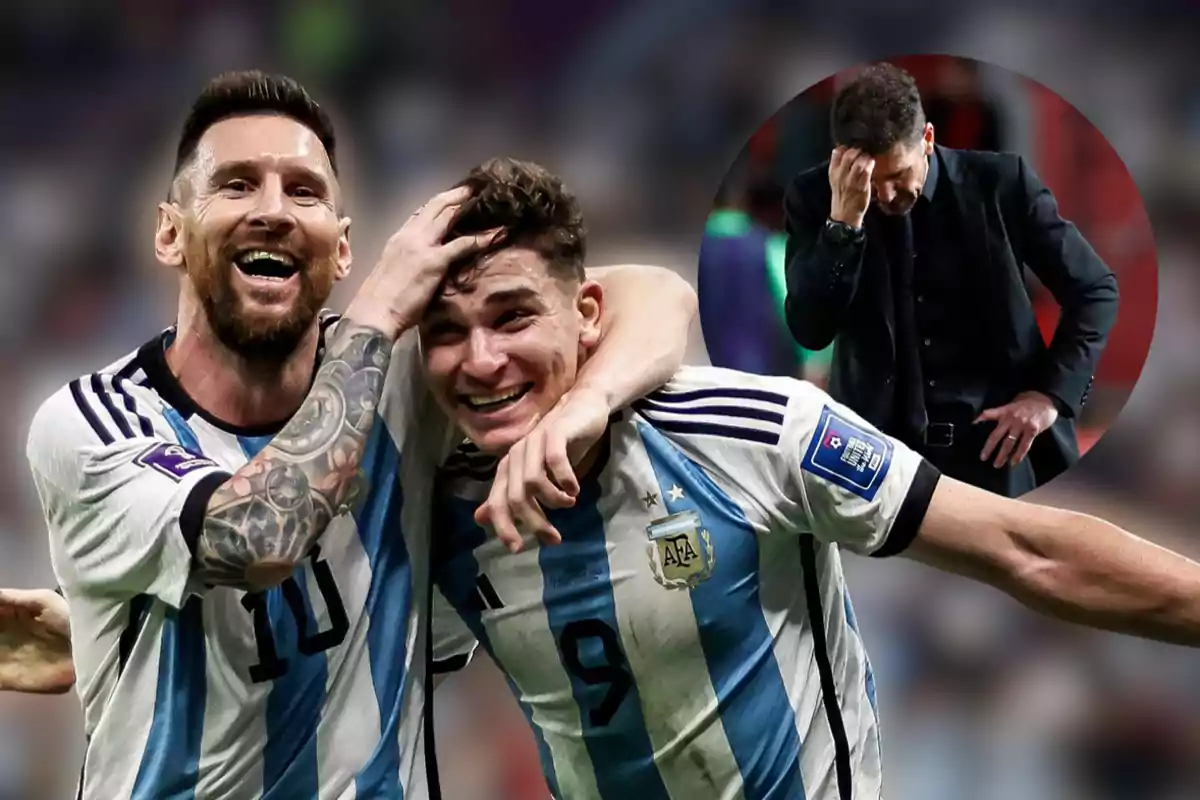 Two Argentine national team soccer players celebrate a goal while a coach looks worried in the background.