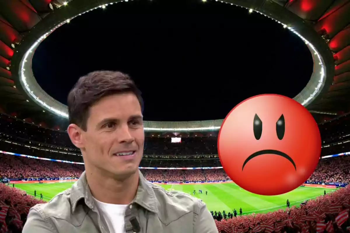 A smiling man in a football stadium with an angry face emoji superimposed.