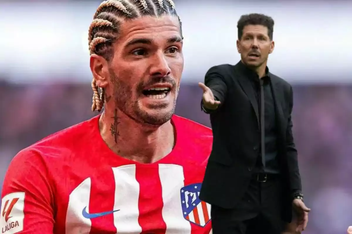 A football player with braids and an Atlético de Madrid shirt next to a gesturing coach.