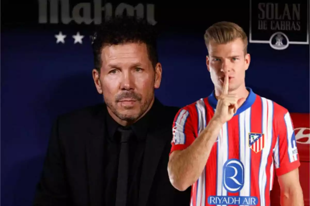 Two men, one in a black suit and the other in an Atlético de Madrid football uniform, pose in front of a dark background with logos.