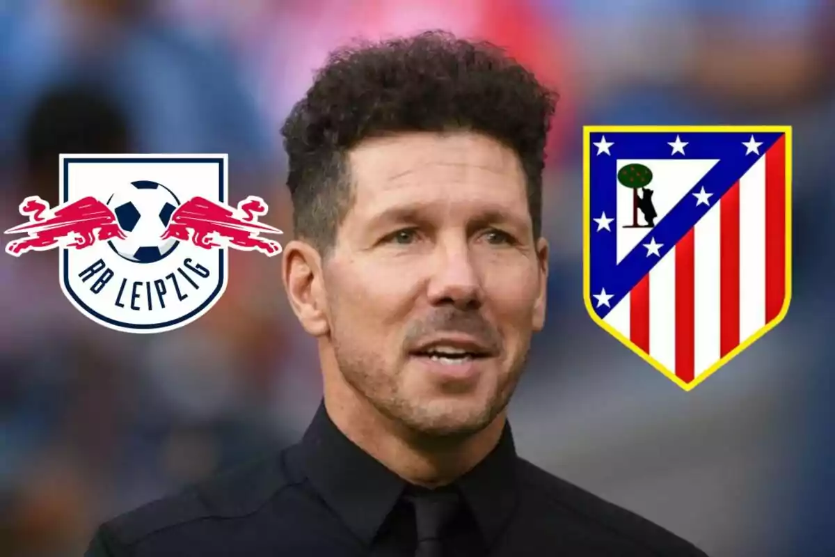 A man with curly hair and a beard, dressed in a black shirt and tie, appears between the logos of the football teams RB Leipzig and Atlético de Madrid.