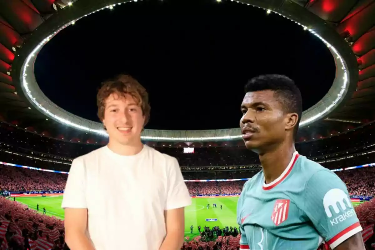 Two people in a football stadium, one in a white shirt and the other in a sports uniform.