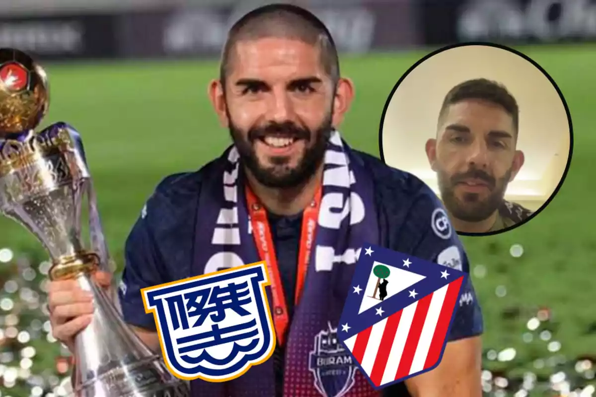 A soccer player smiles while holding a trophy, with a team crest on his shirt and another crest superimposed on the image, as well as a box with his face in the upper right corner.