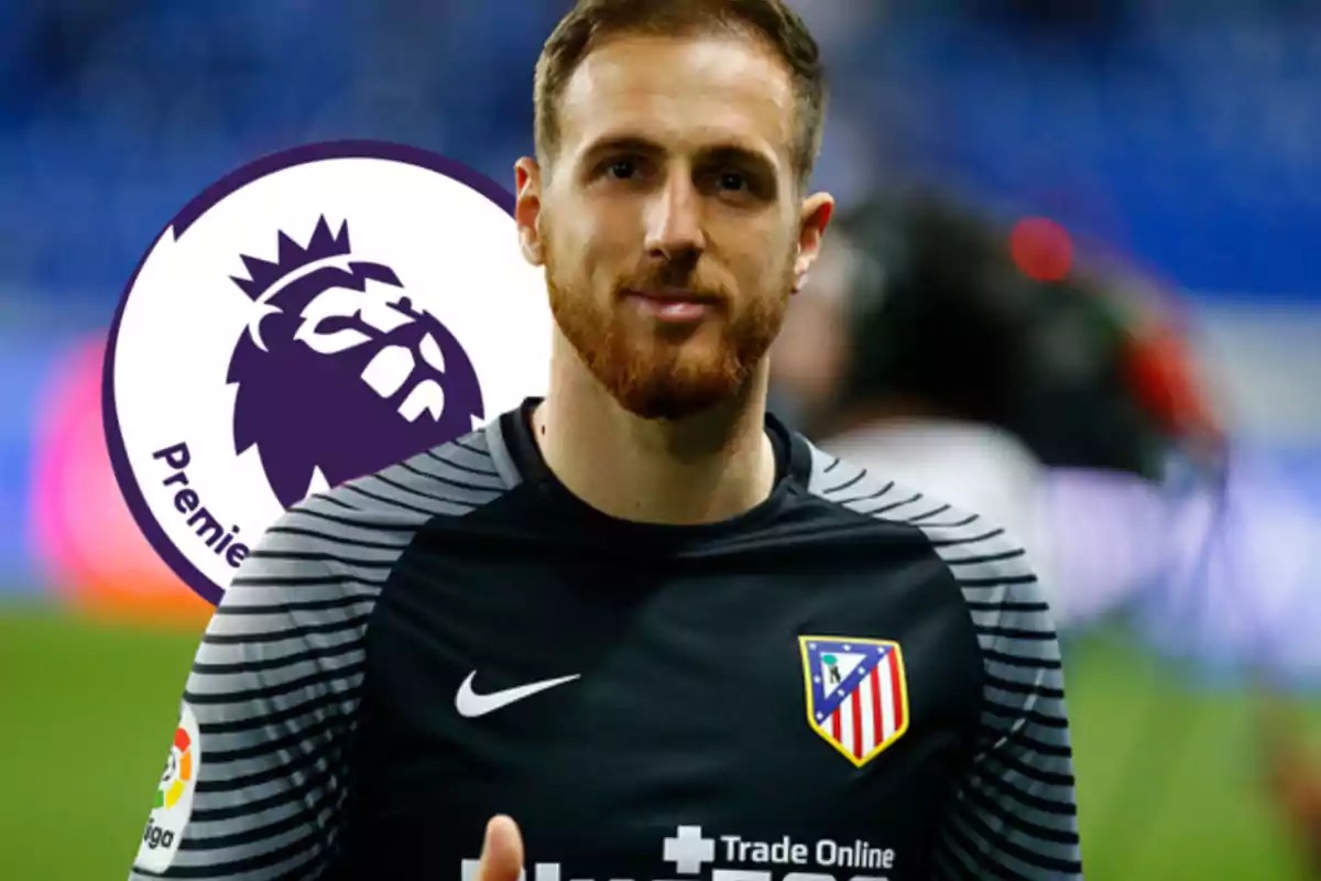 Atlético de Madrid goalkeeper with the Premier League logo in the background.