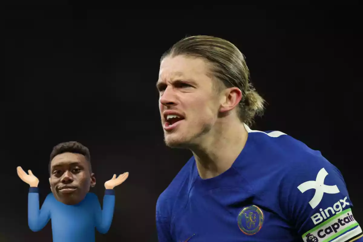 A soccer player in a blue uniform shouting and a confused looking emoji next to him.