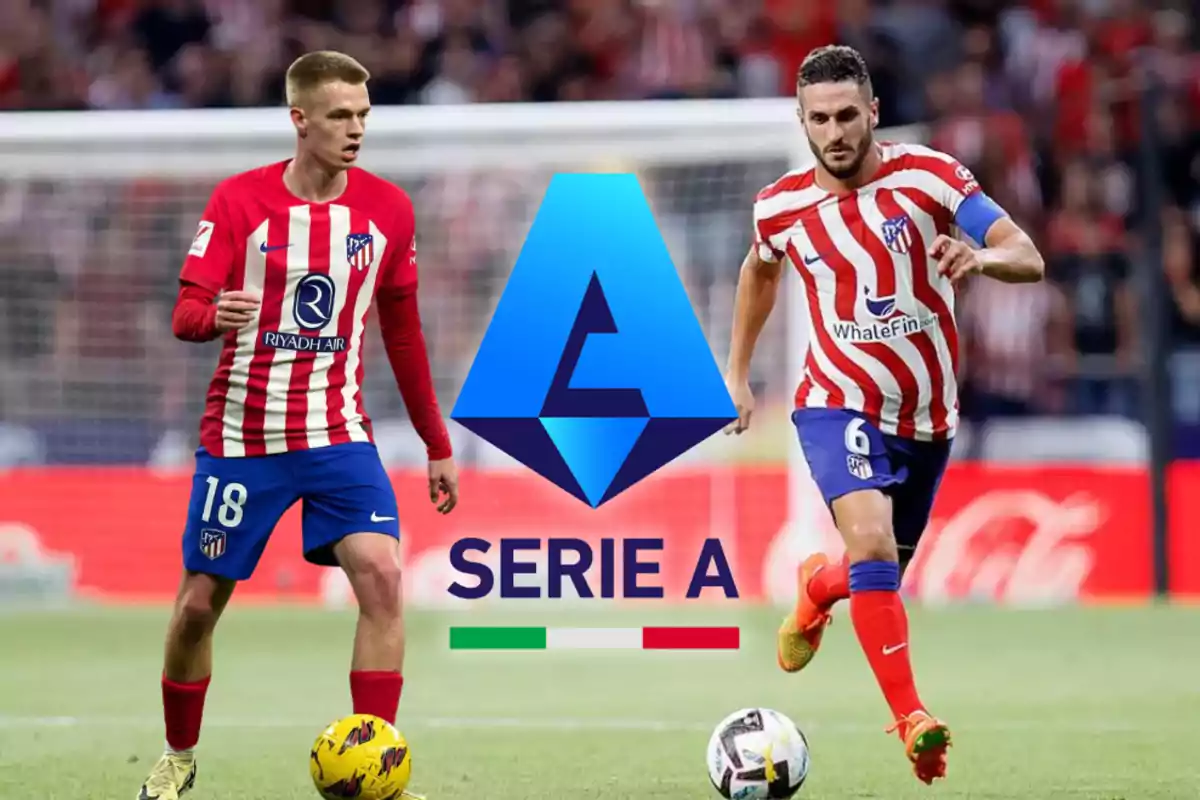 Two Atlético de Madrid players with the Serie A logo in the centre.