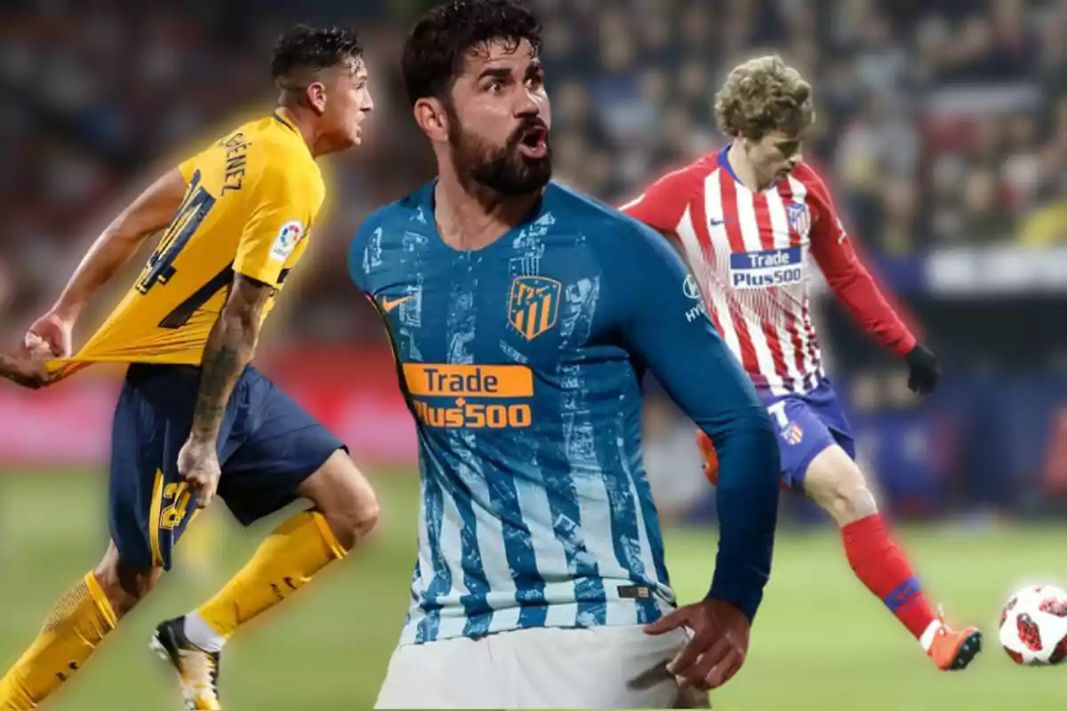 Three Atlético de Madrid football players in different actions during a match.