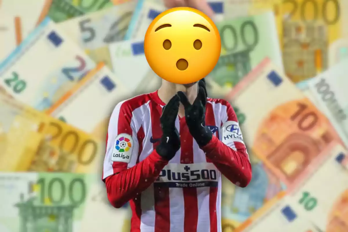 A football player with his face covered by a surprised emoji, wearing a red and white uniform, with euro banknotes in the background.