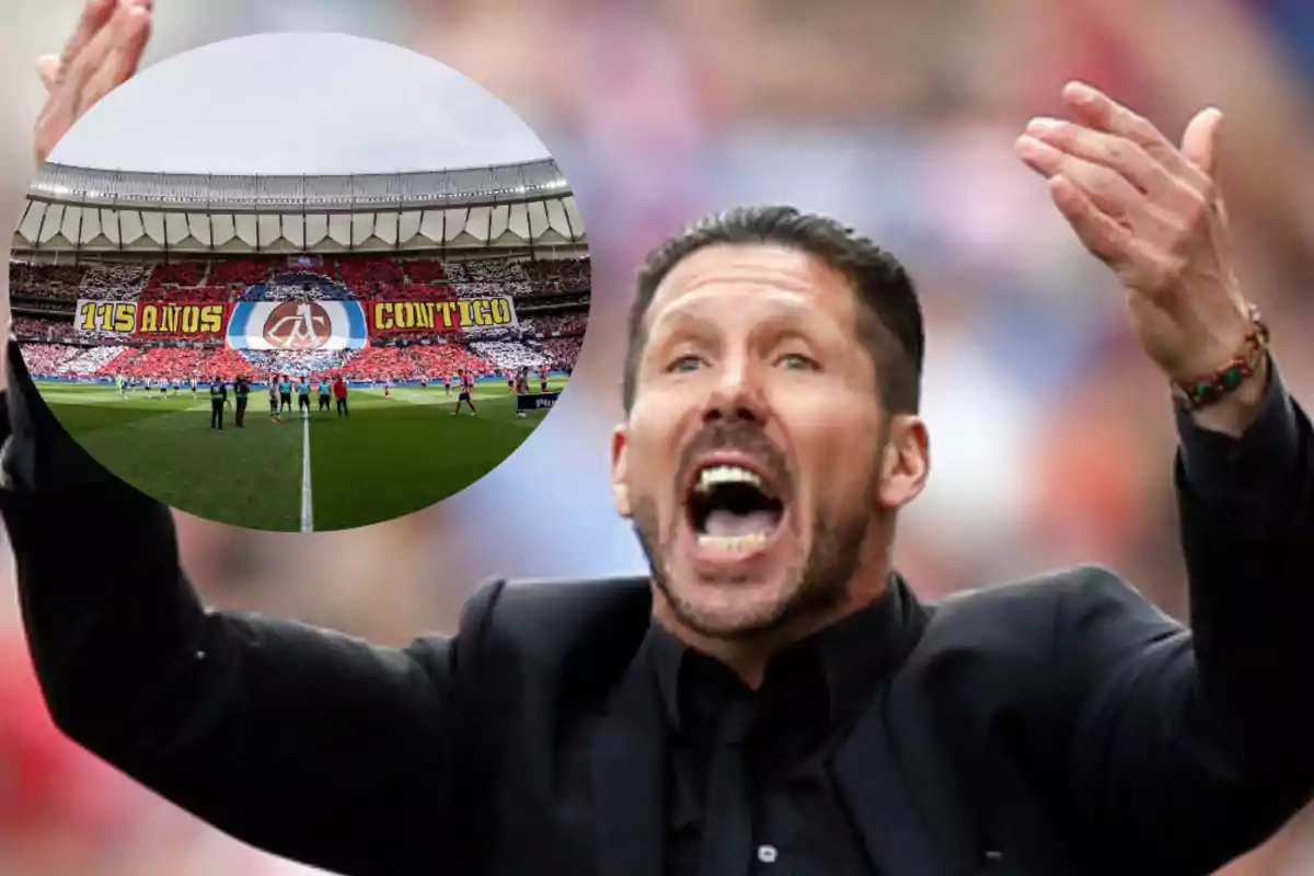 A football coach gesturing passionately with a superimposed image of a stadium full of fans displaying a mosaic reading "115 years with you."