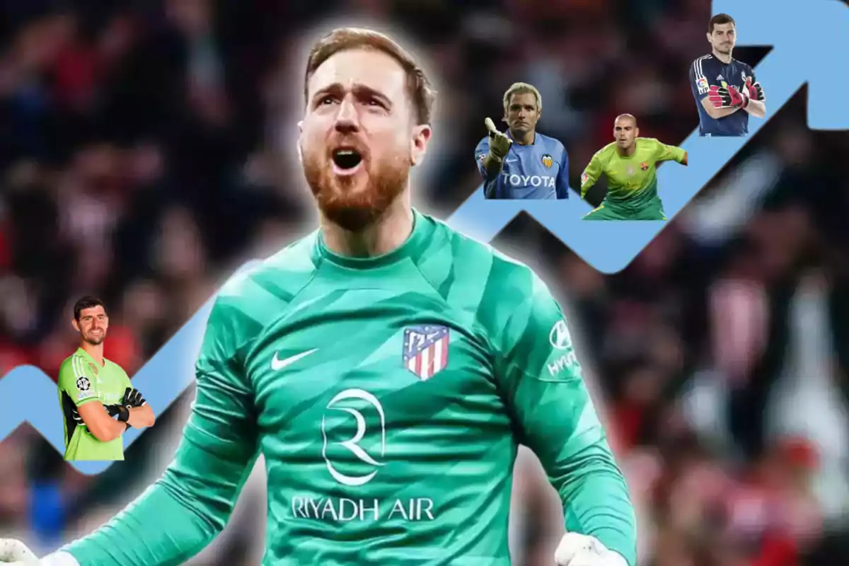 A soccer goalkeeper in a green Atlético de Madrid uniform celebrates on the pitch, while in the background images of other famous goalkeepers are seen on a blue upward arrow.